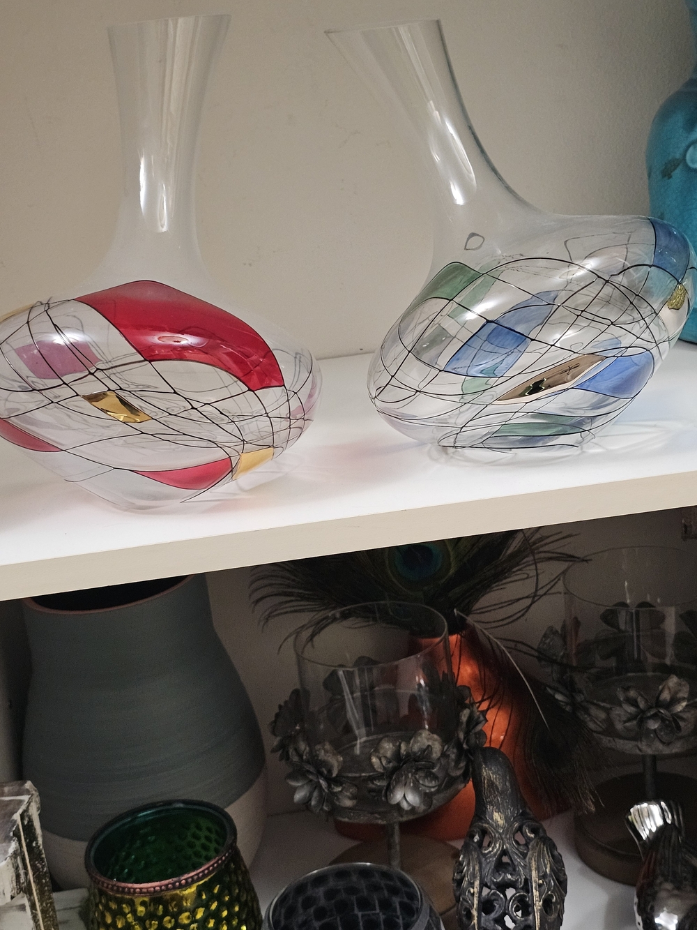 Handblown Stained Glass Art Vase - Red & Blue Swirl Set Of 2  11"Hx 8"W